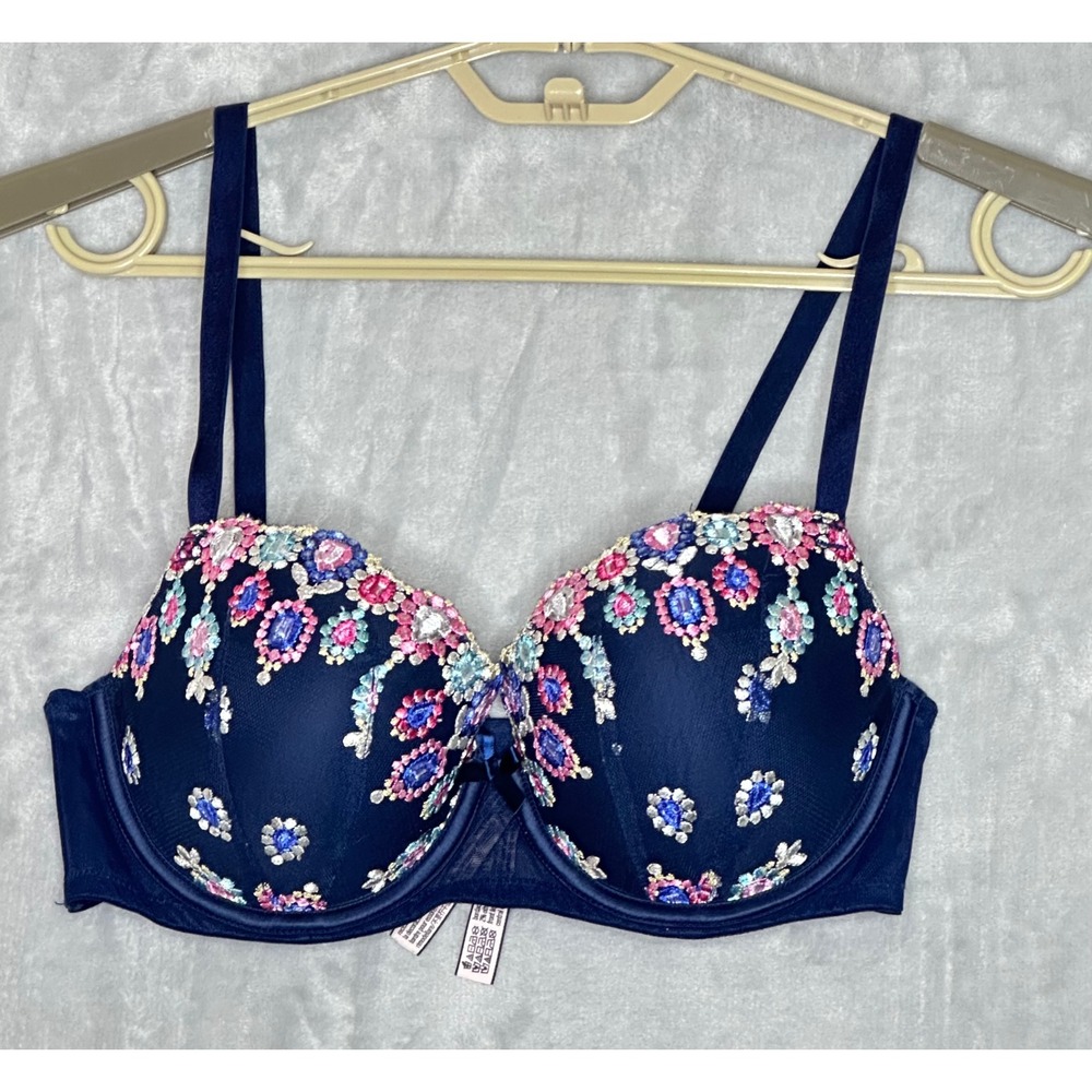 Victorias Secret Dream Angels Navy Blue Bejeweled Embroidered Push Up Bra 34D